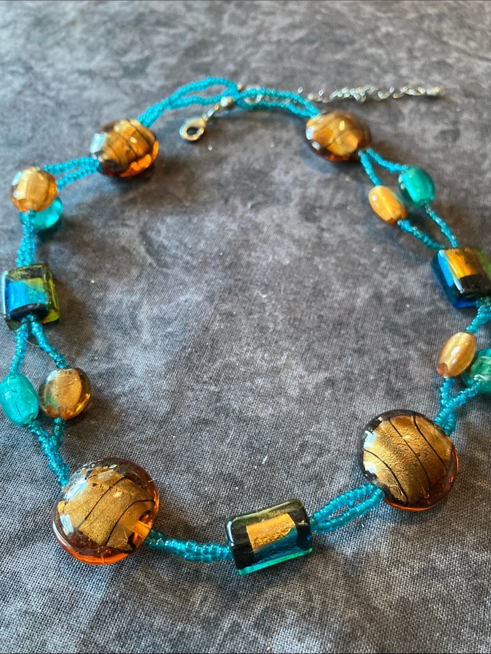 Handcrafted Boho Teal and Amber Colored Bead Necklace